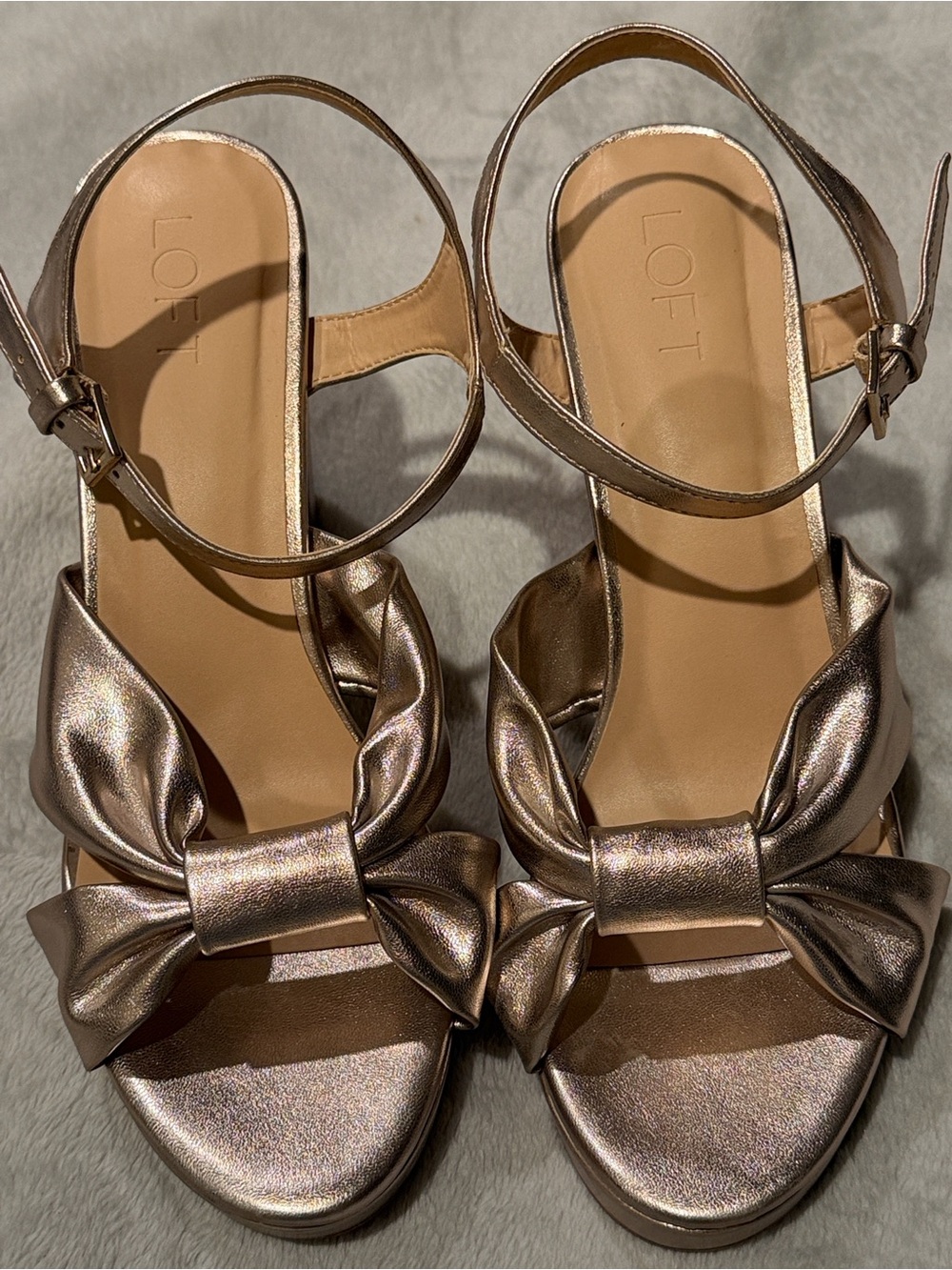 LOFT Metallic Gold Bow Ankle-Strap Sandals